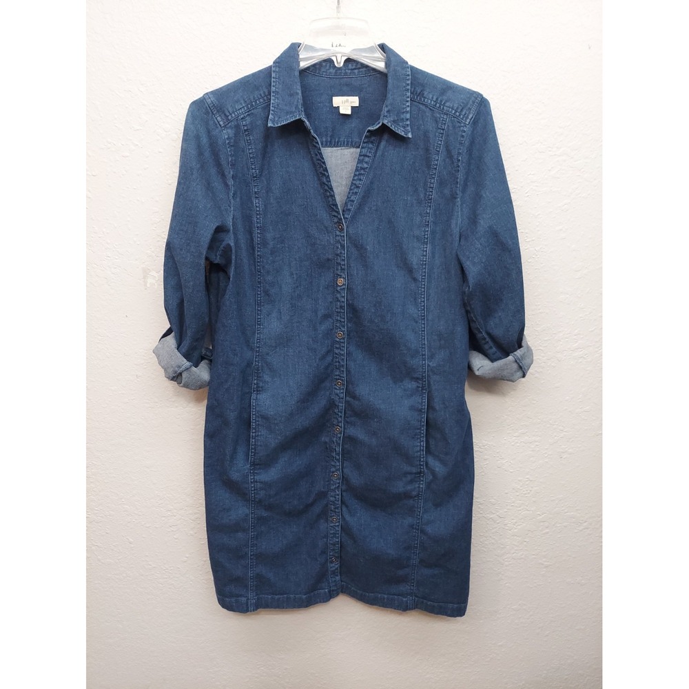 J Jill Denim Shirt Dress Womens XL Blue Roll Tab Sleeve Pockets Knee Mid Weight